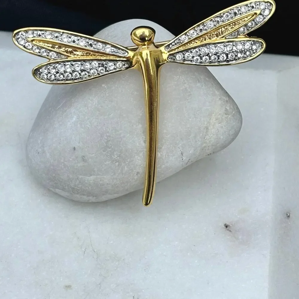 Vintage Gold Tone Rhinestone Dragonfly Brooch Pin